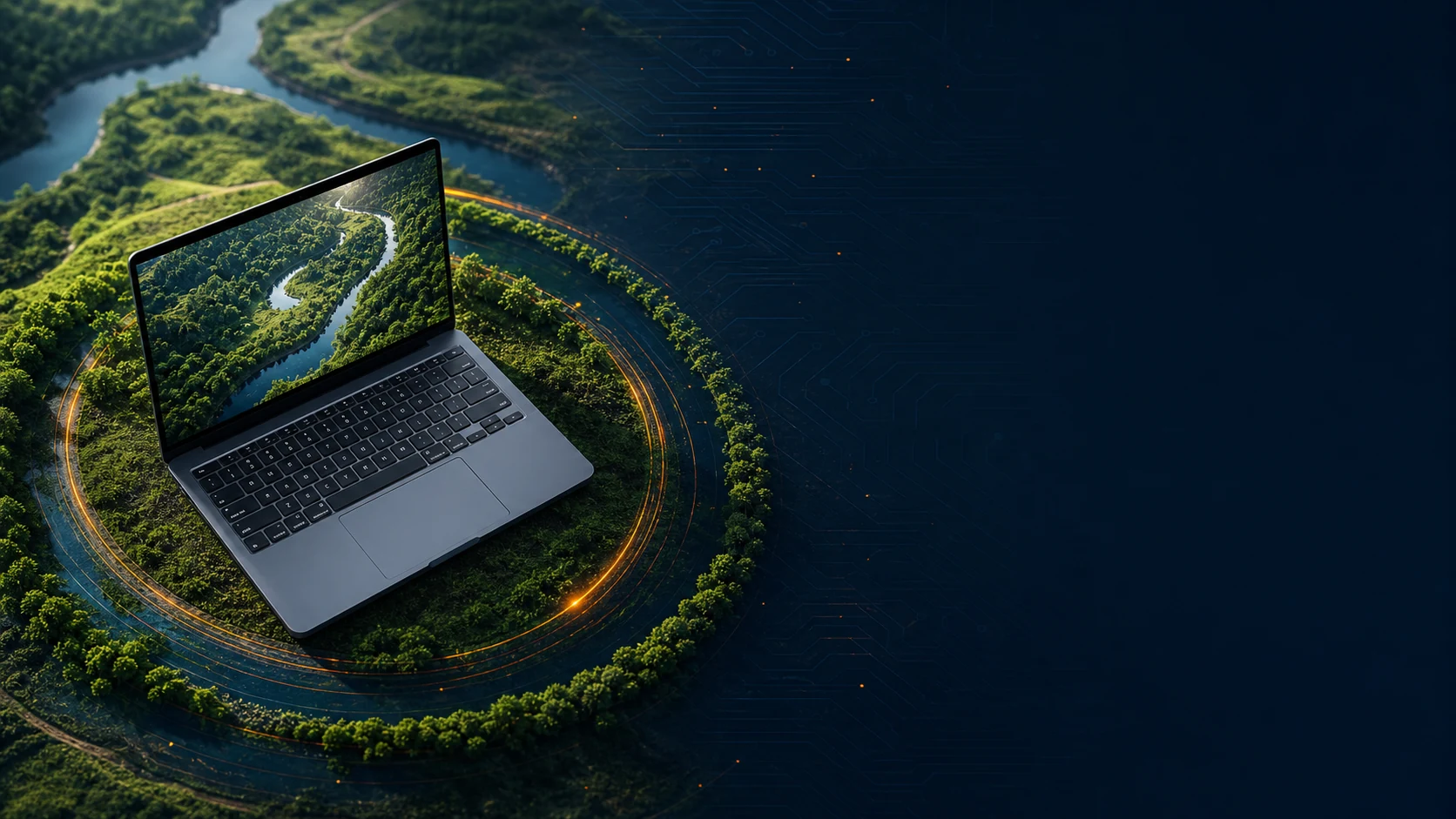 Notebook integrado a uma paisagem verde, representando tecnologia sustentável