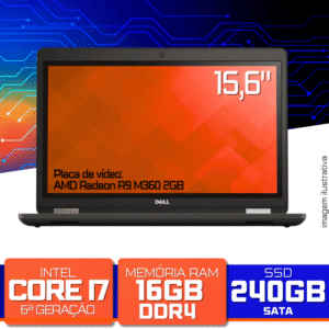 Notebook Dell Precision 3510 - Intel Core i7-6700HQ 3.5GHz, 16GB DDR4, SSD 240GB, Tela 15,6", AMD M360 R9 2GB, Windows 10 PRO, Preto - Seminovo
