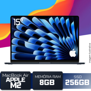 Notebook MacBook Air Apple, Tela de Retina 15,3", M2, 8GB RAM, CPU 8 Núcleos, GPU 8 Núcleos, SSD 256GB, Meia-noite